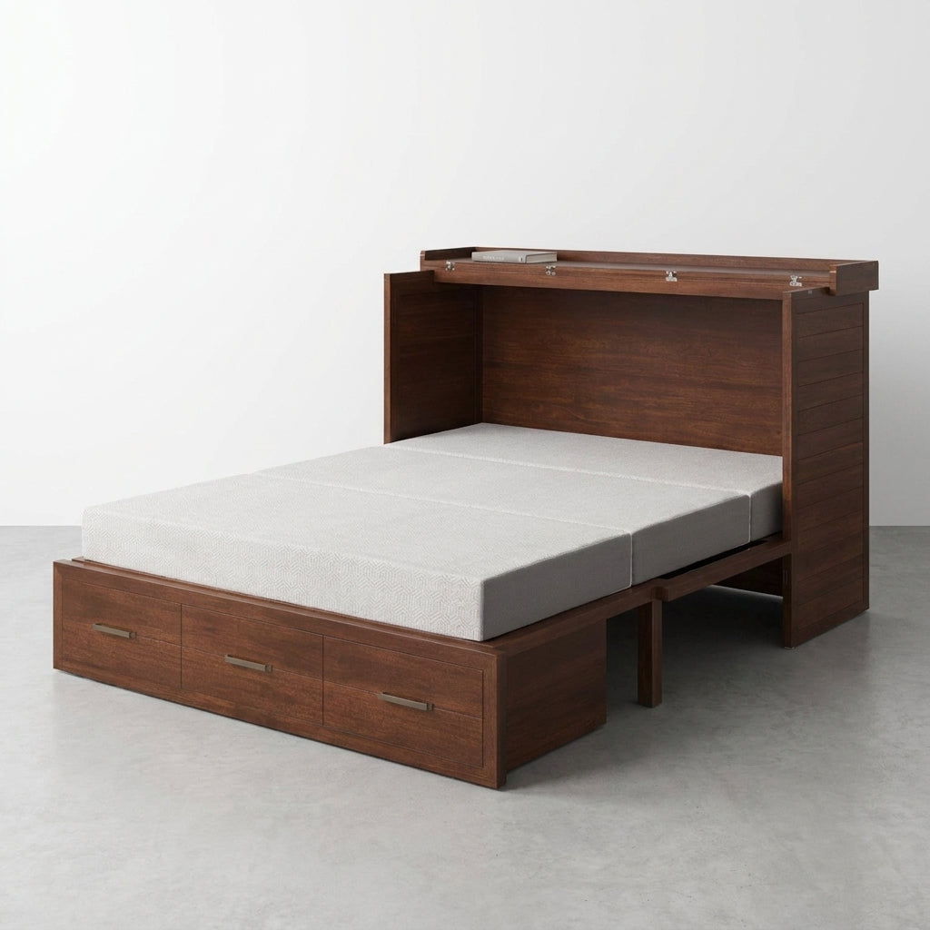 Wooden Murphy bed with storage drawers and a foldable mattress.