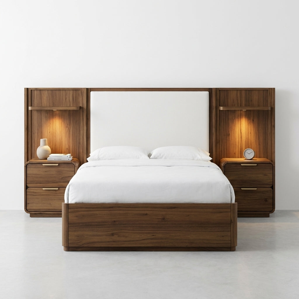Modern bed with wooden headboard and nightstands, minimalist decor.