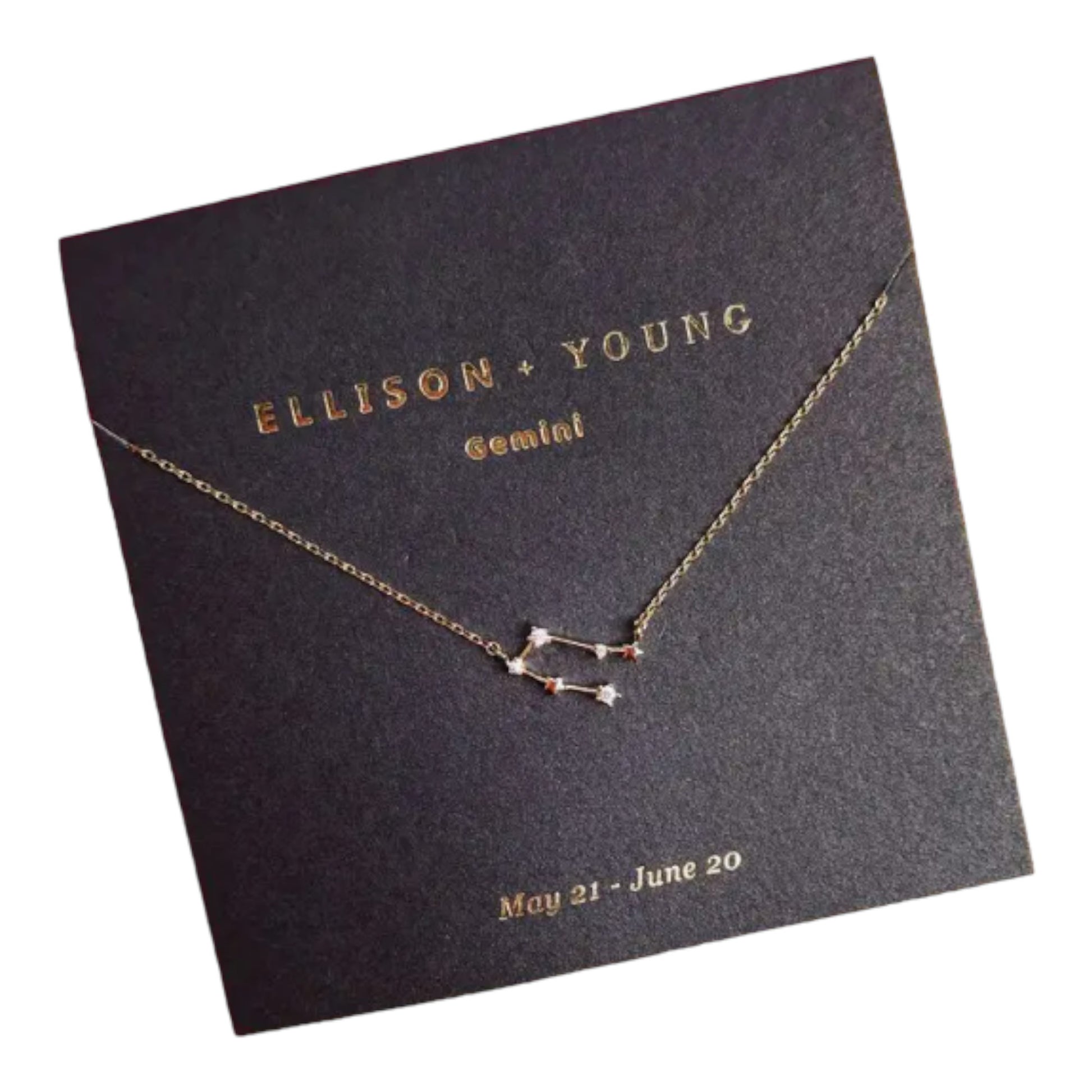 Gemini necklace on black card, May 21 - June 20.