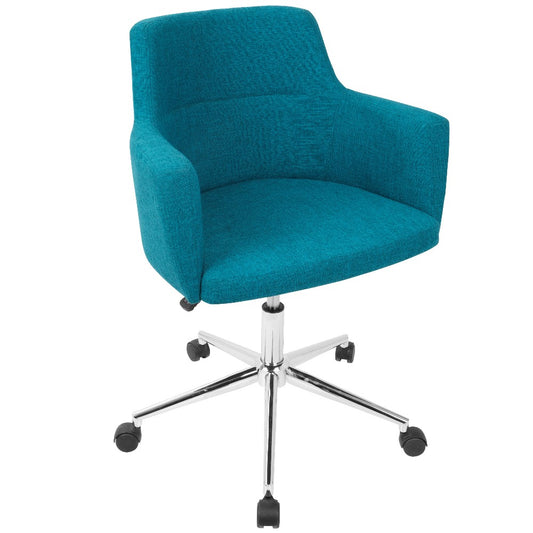 Teal swivel chair with chrome base and casters.