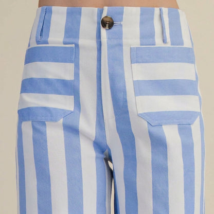 Blue and white striped pants with pockets.