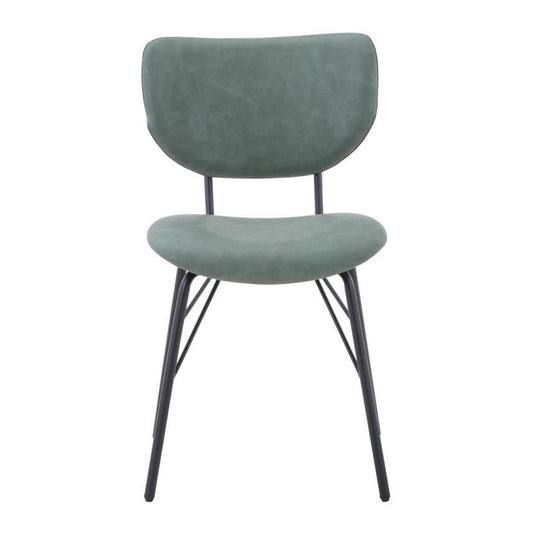 Green cushioned chair with black metal legs.