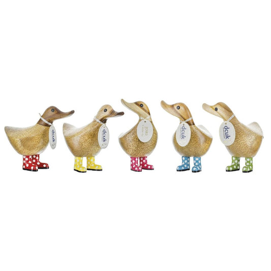 Five wooden ducks wearing colorful polka-dot boots.
