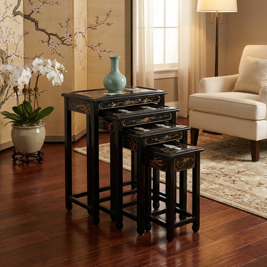 Elegant room with nested tables, orchid, vase, and a cushioned chair.