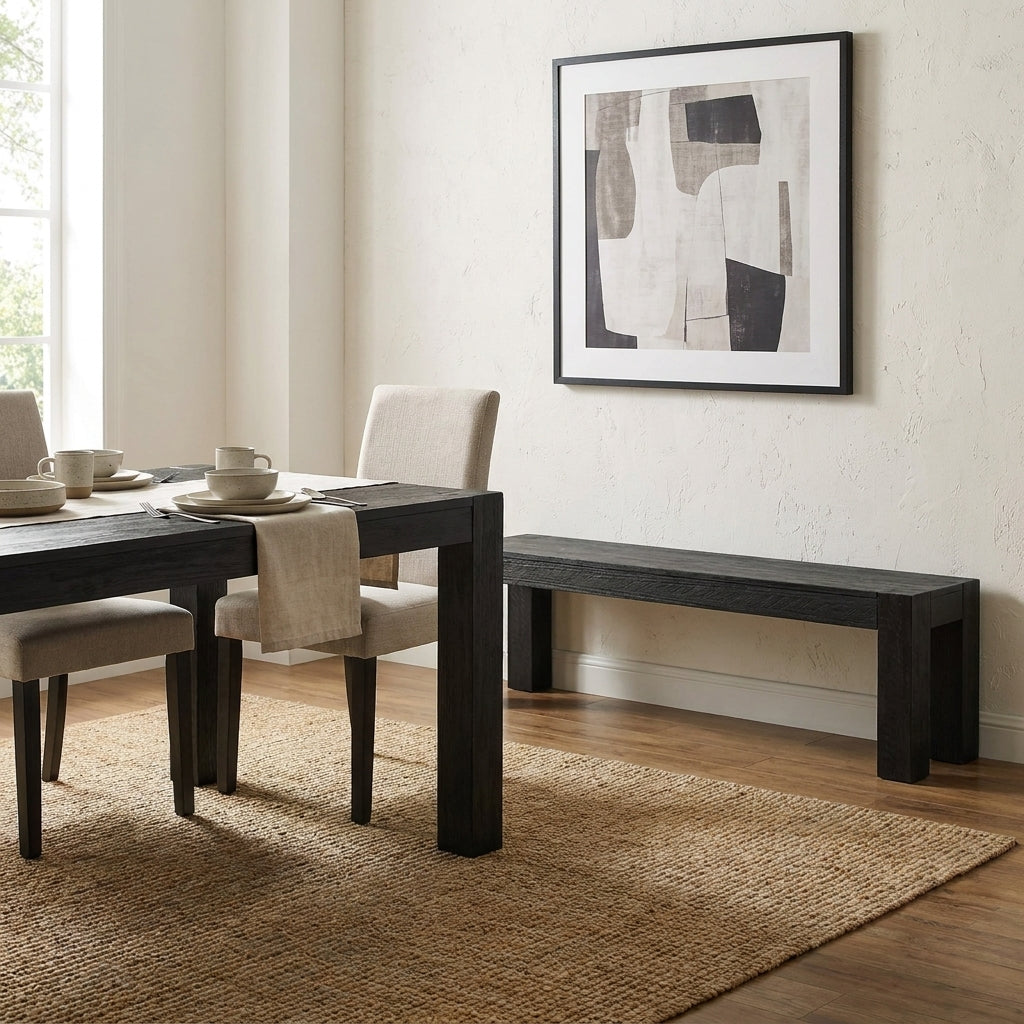 Modern dining room with dark table, beige chairs, and abstract wall art.