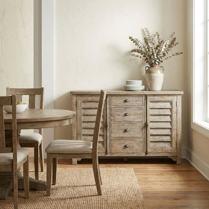 Rustic wooden sideboard with three drawers and two shutter-style doors.