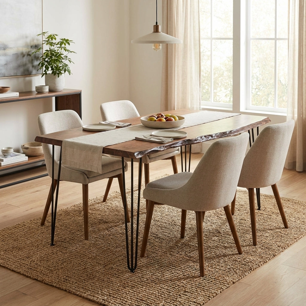 Wooden table with metal legs and natural edge design.