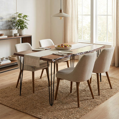 Wooden table with metal legs and natural edge design.