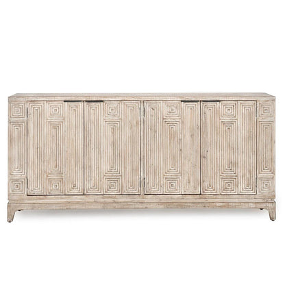 Ornate, vintage sideboard with a geometric pattern on wooden doors.