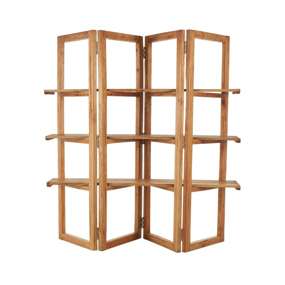 Foldable wooden bookshelf with multiple shelves.