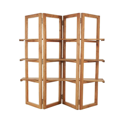 Foldable wooden bookshelf with multiple shelves.