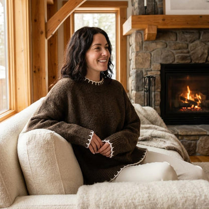 Cozy woman smiling by a fireplace in a rustic living room.