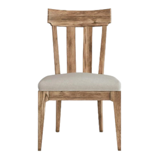 Wooden chair with a cushioned beige seat.