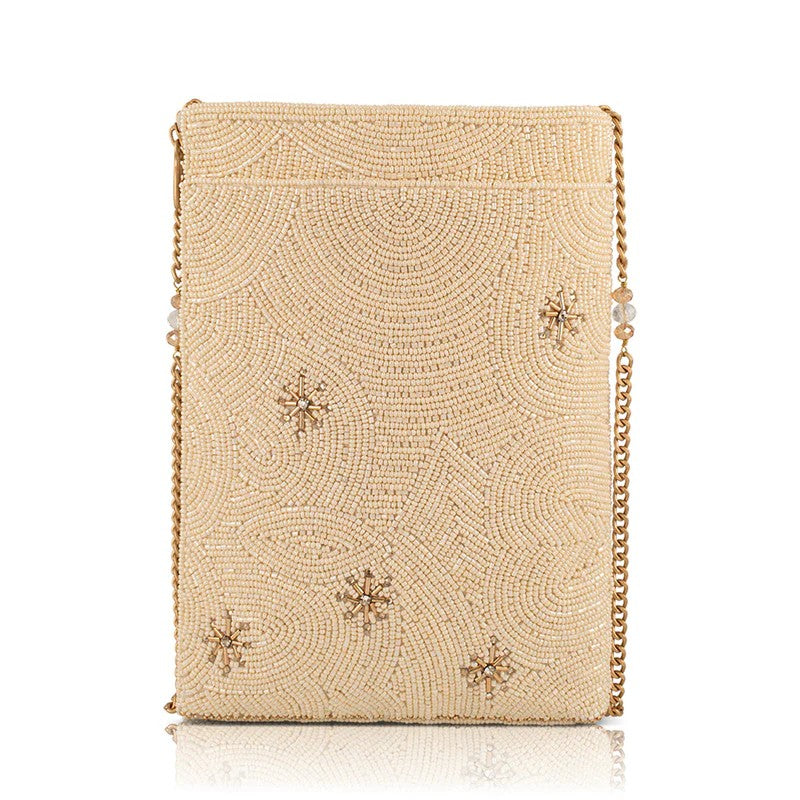 Beige beaded clutch with star patterns and a gold chain strap.