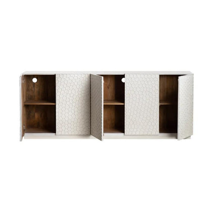 White textured cabinet with open doors revealing shelves.