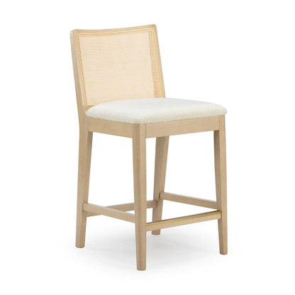 Wooden chair with a woven backrest and cushioned seat.