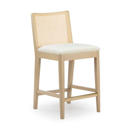 Wooden chair with a woven backrest and cushioned seat.