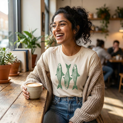 Woman smiling in a cafe, holding coffee, wearing a fish print shirt.
