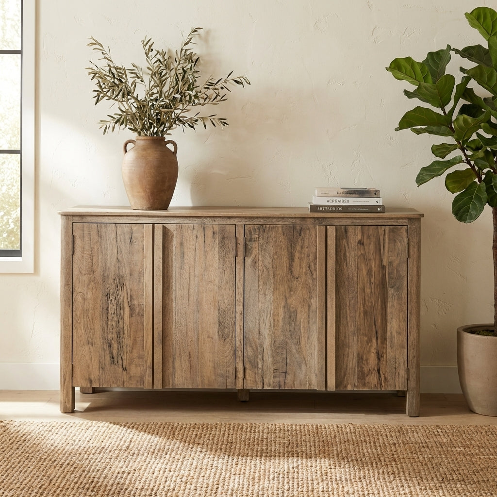 Wooden sideboard with four vertical panels and a natural finish.