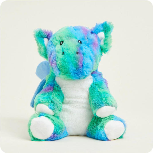 Colorful plush dragon with wings and big eyes.