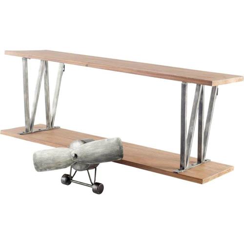 Wooden shelf with metal supports and a small metal airplane ornament.