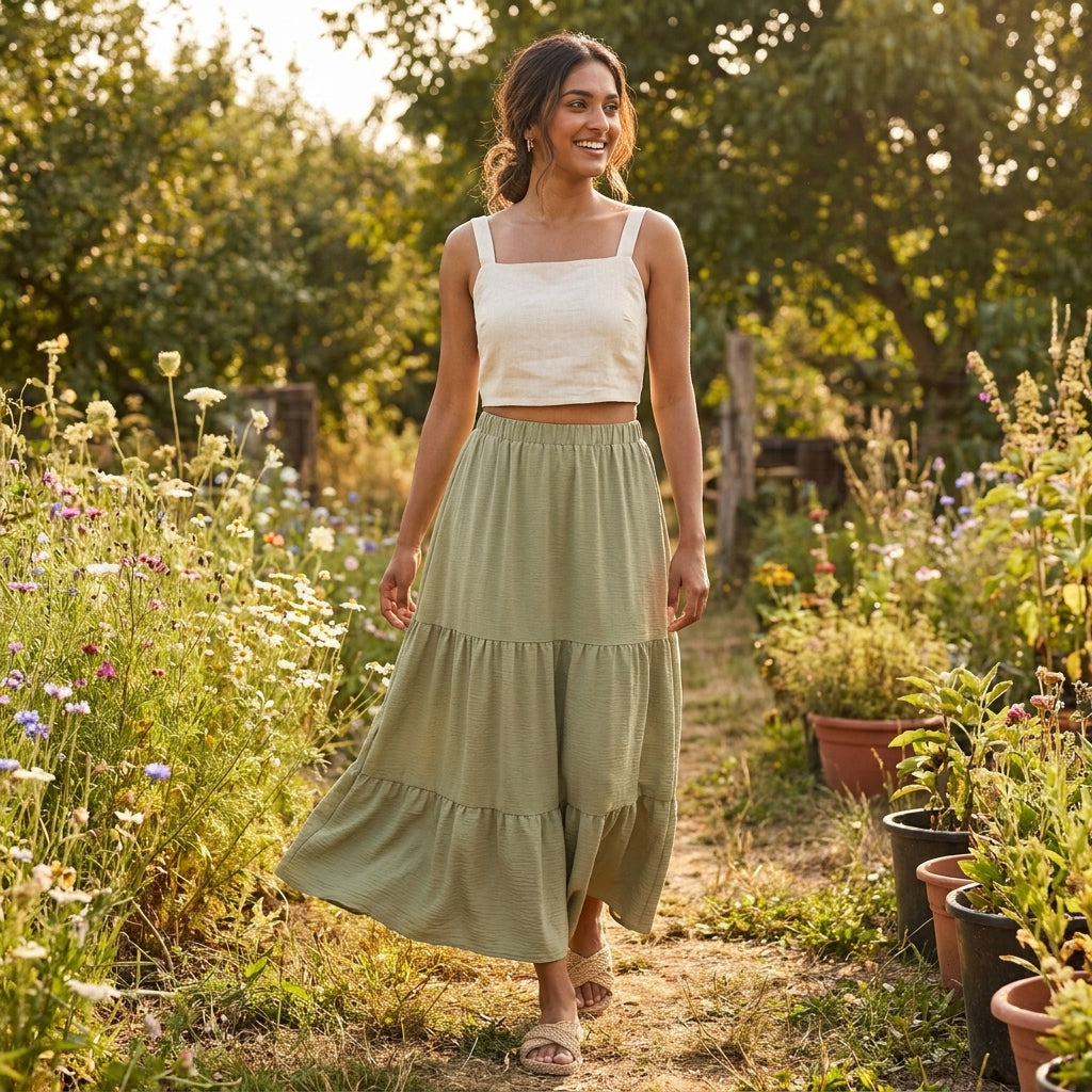 Woman walks through a sunny garden, wearing a beige top and green skirt.