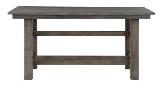 Rustic wooden table with a sturdy, simple design.