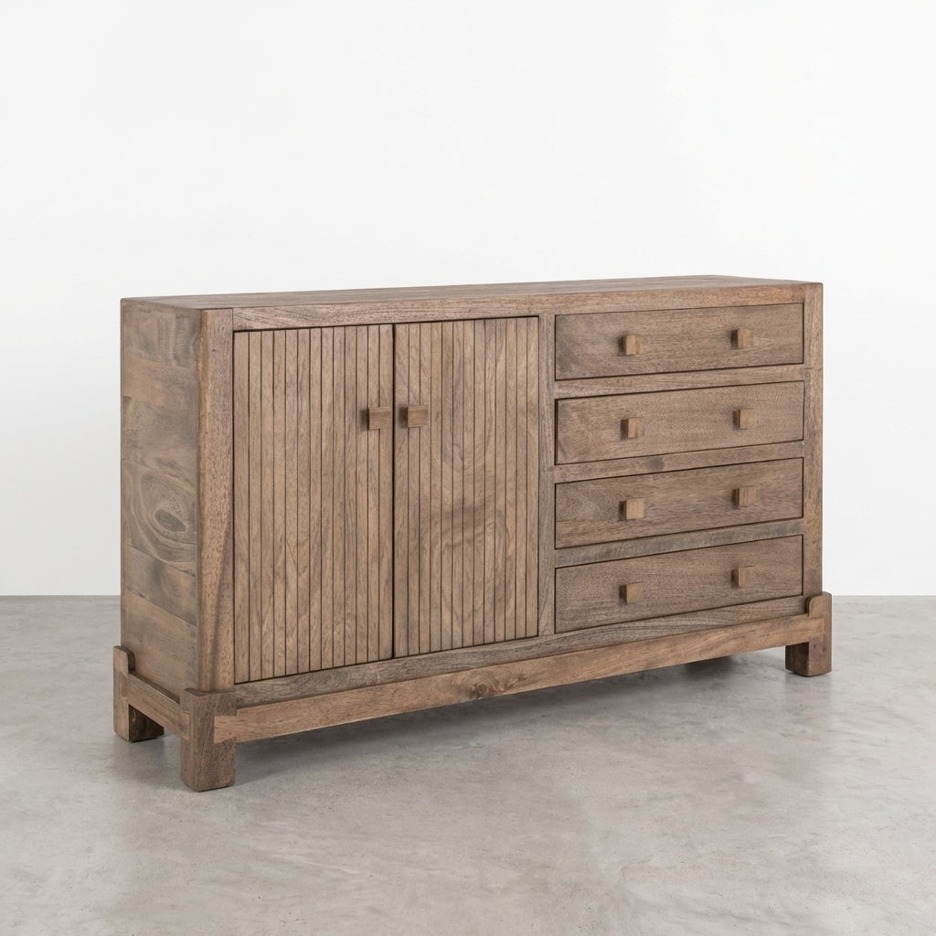 Wooden sideboard with open shelves and drawers.