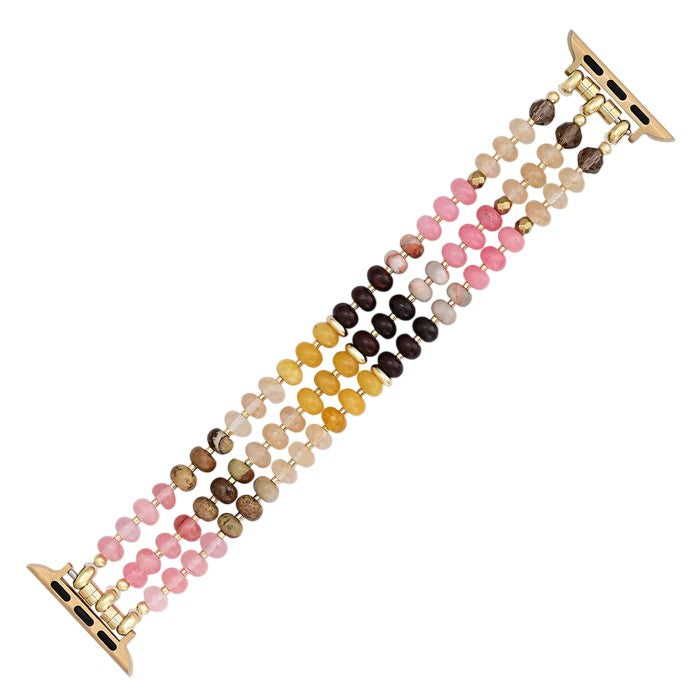 Colorful beaded watch strap with gold connectors.