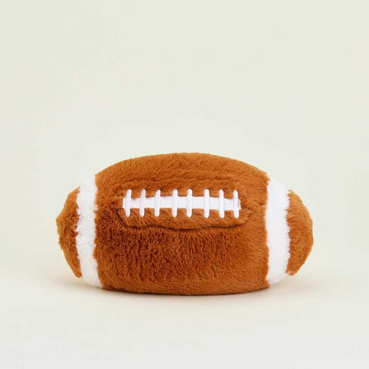 Brown plush football with white stitches.