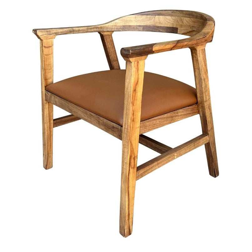 Wooden armchair with a curved back and brown leather seat.