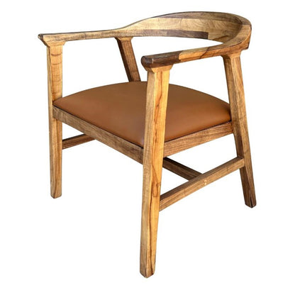 Wooden armchair with a curved back and brown leather seat.