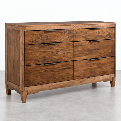 Wooden dresser with six drawers on a gray floor.