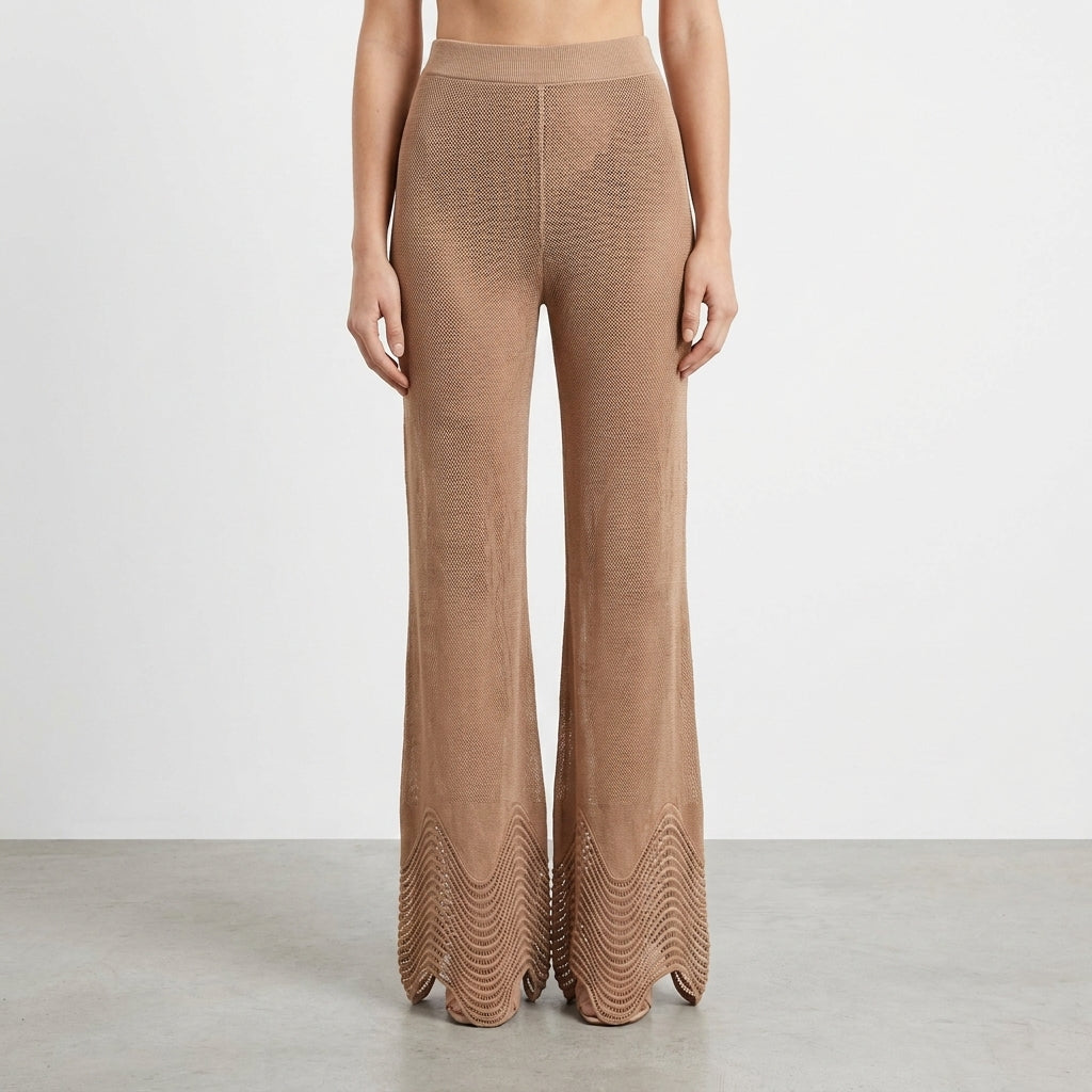 Brown knit pants with intricate pattern at flared hems.