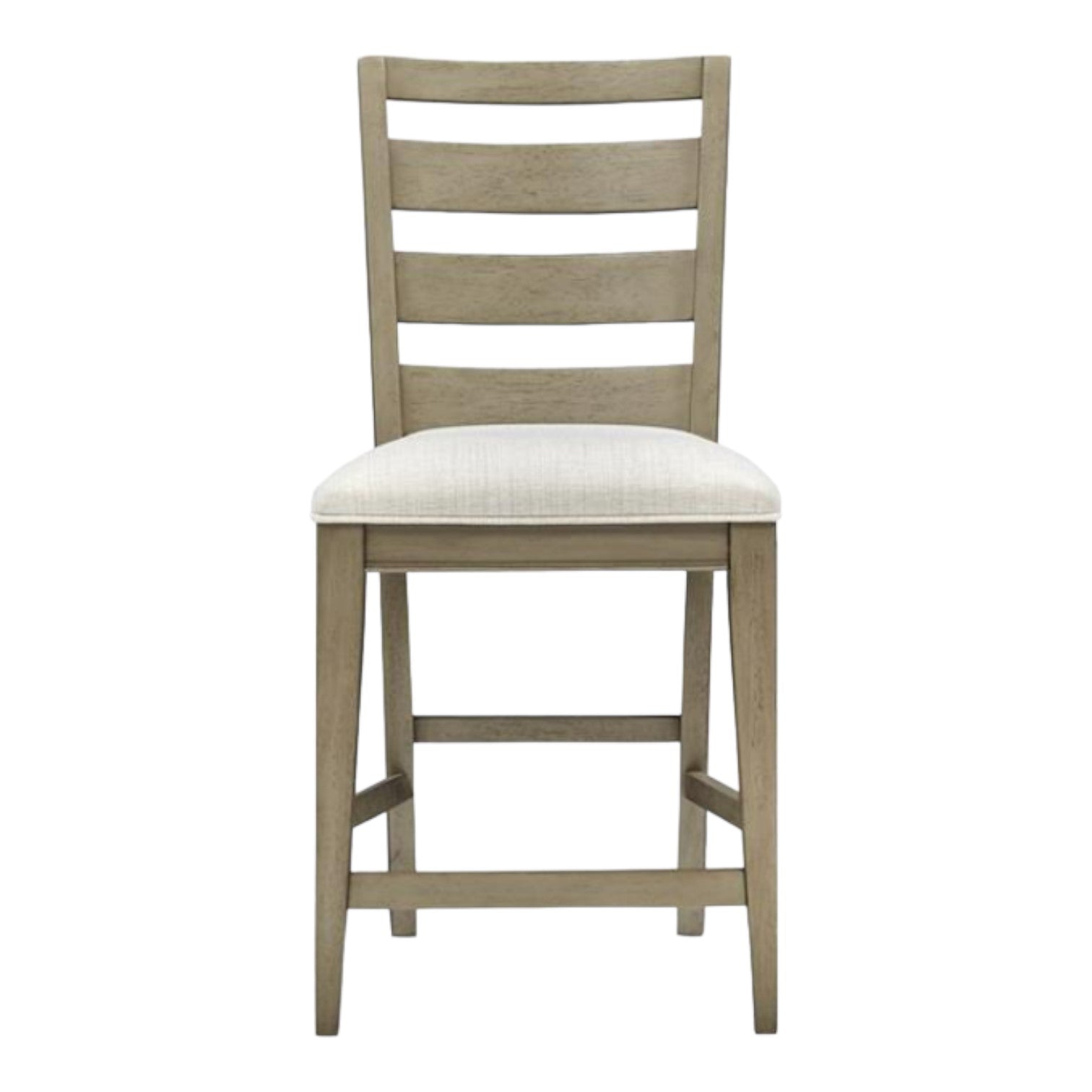 Wooden chair with ladder back and cushioned seat.