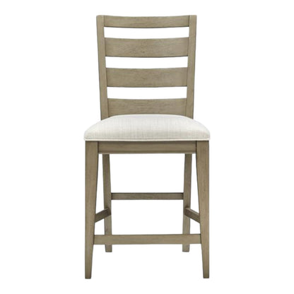Wooden chair with ladder back and cushioned seat.