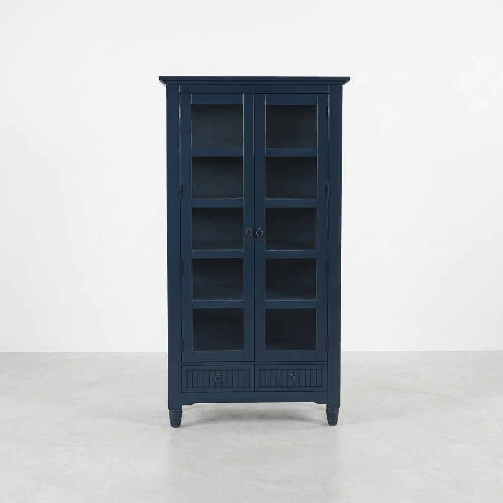 Black cabinet with open glass doors and multiple shelves.