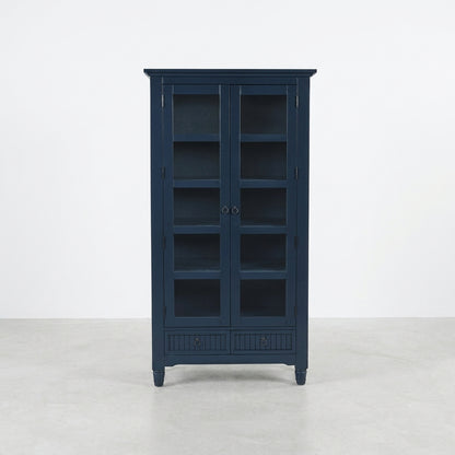 Black cabinet with open glass doors and multiple shelves.