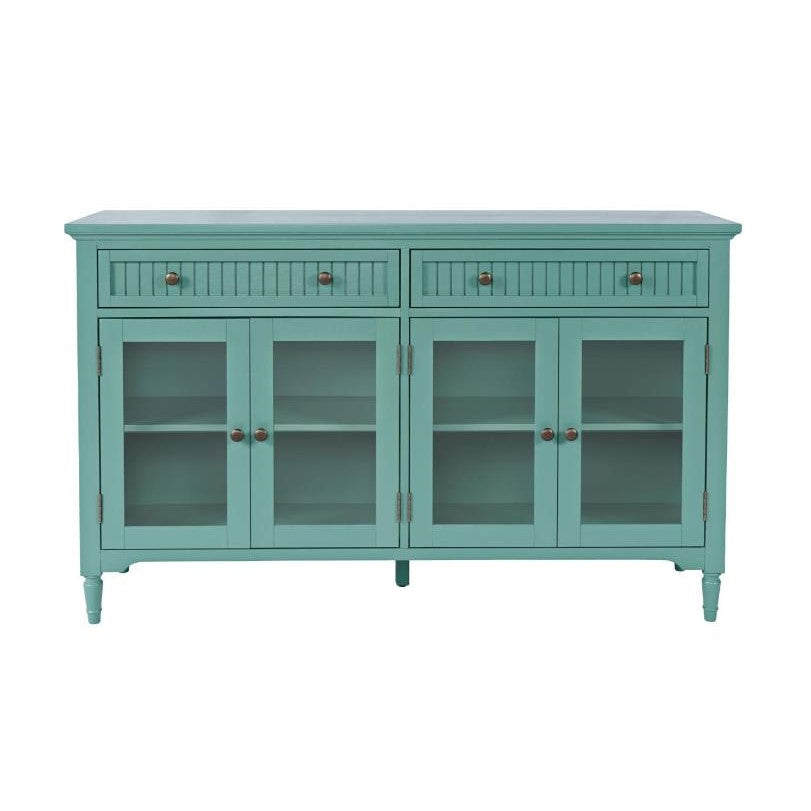 Teal sideboard with drawers and glass-paneled cabinet doors.