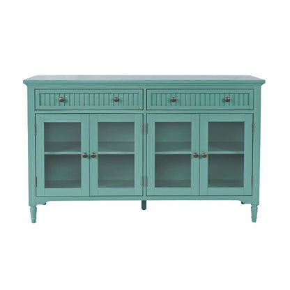 Teal sideboard with drawers and glass-paneled cabinet doors.