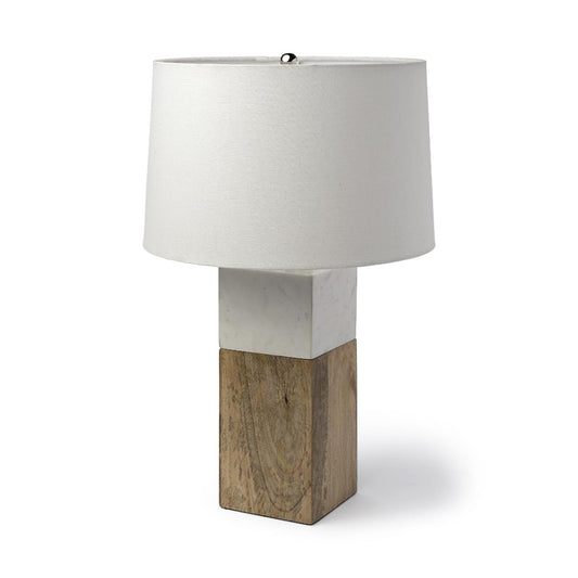 Modern table lamp with white shade, marble, and wood base.