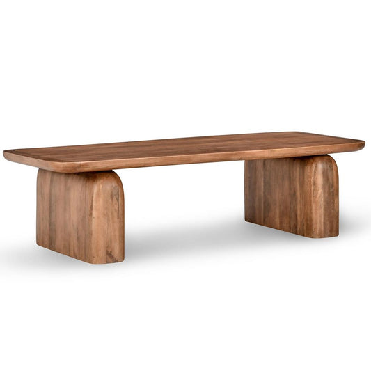 Rectangular wooden table with rounded legs.