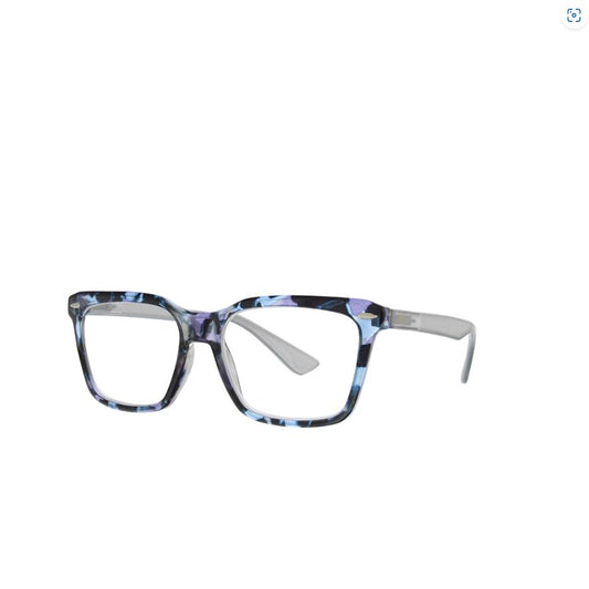 Square glasses with a blue and black marbled frame.