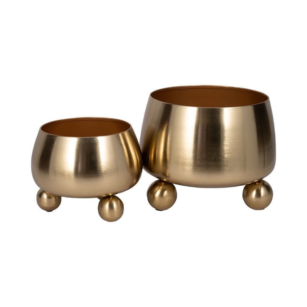 large gold planter pots S/2 9/11" Round Metal Planters with Ball Feet, Gld