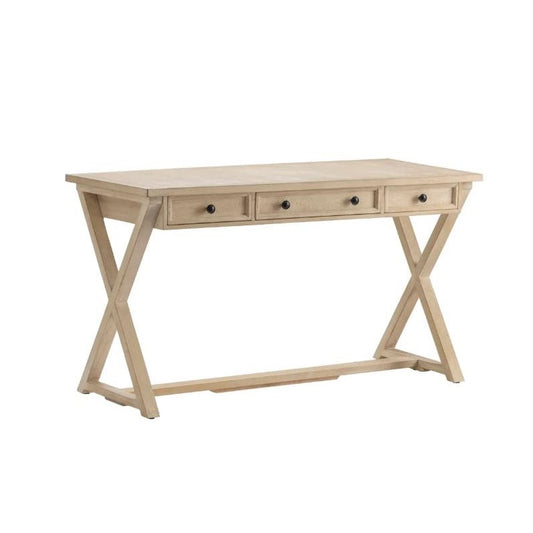 Wooden desk with X-shaped legs and three drawers.