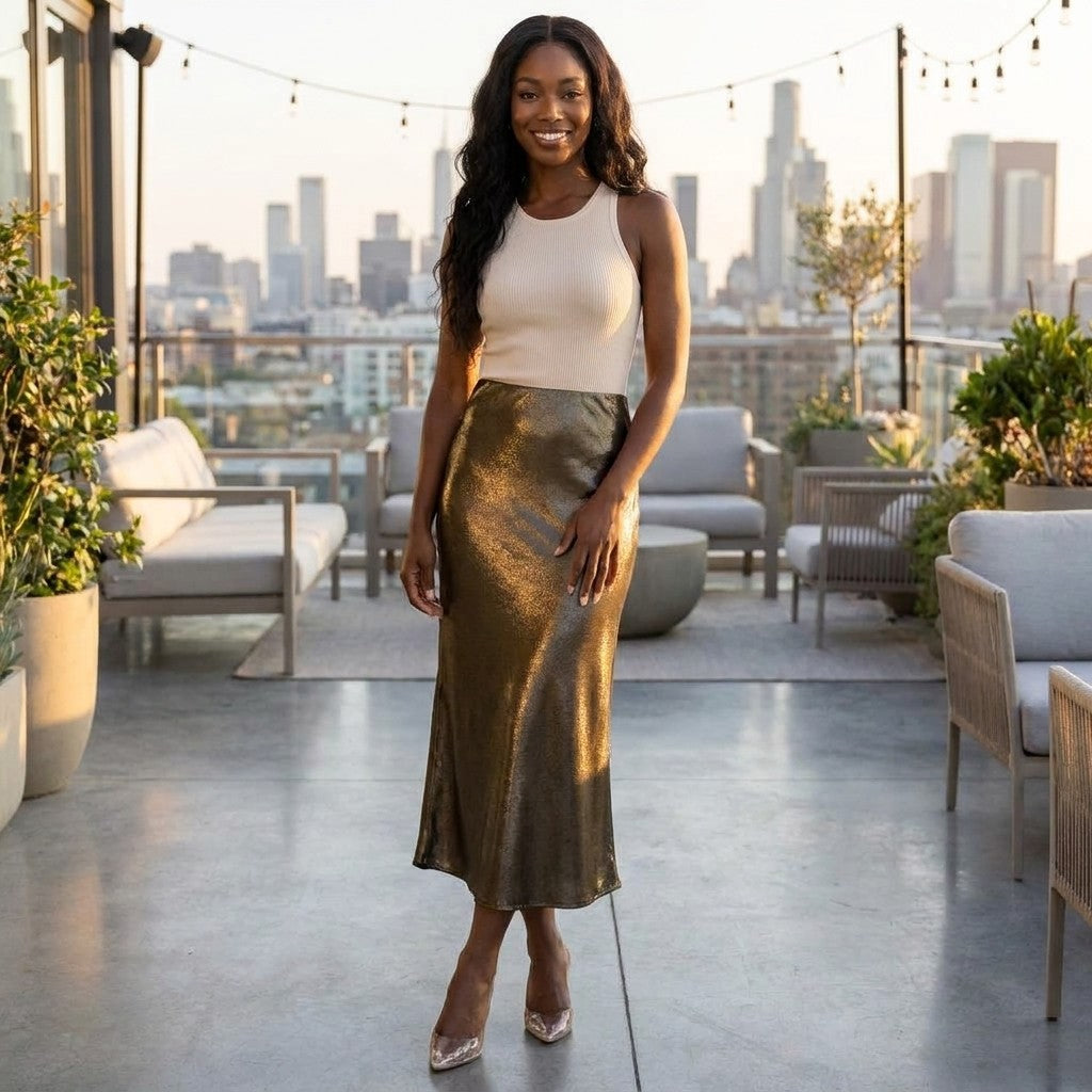 A smiling woman poses on a rooftop terrace overlooking the city at sunset.