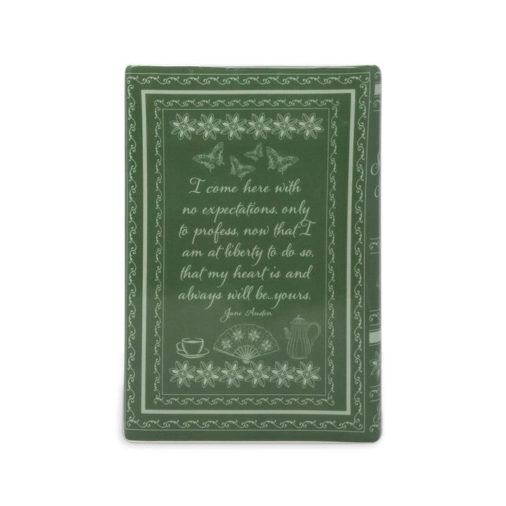 Green decorative book with Jane Austen quote and floral motifs.