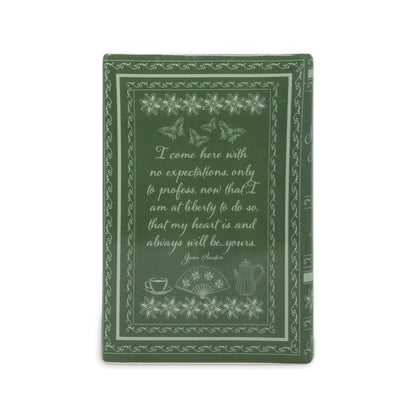 Green decorative book with Jane Austen quote and floral motifs.