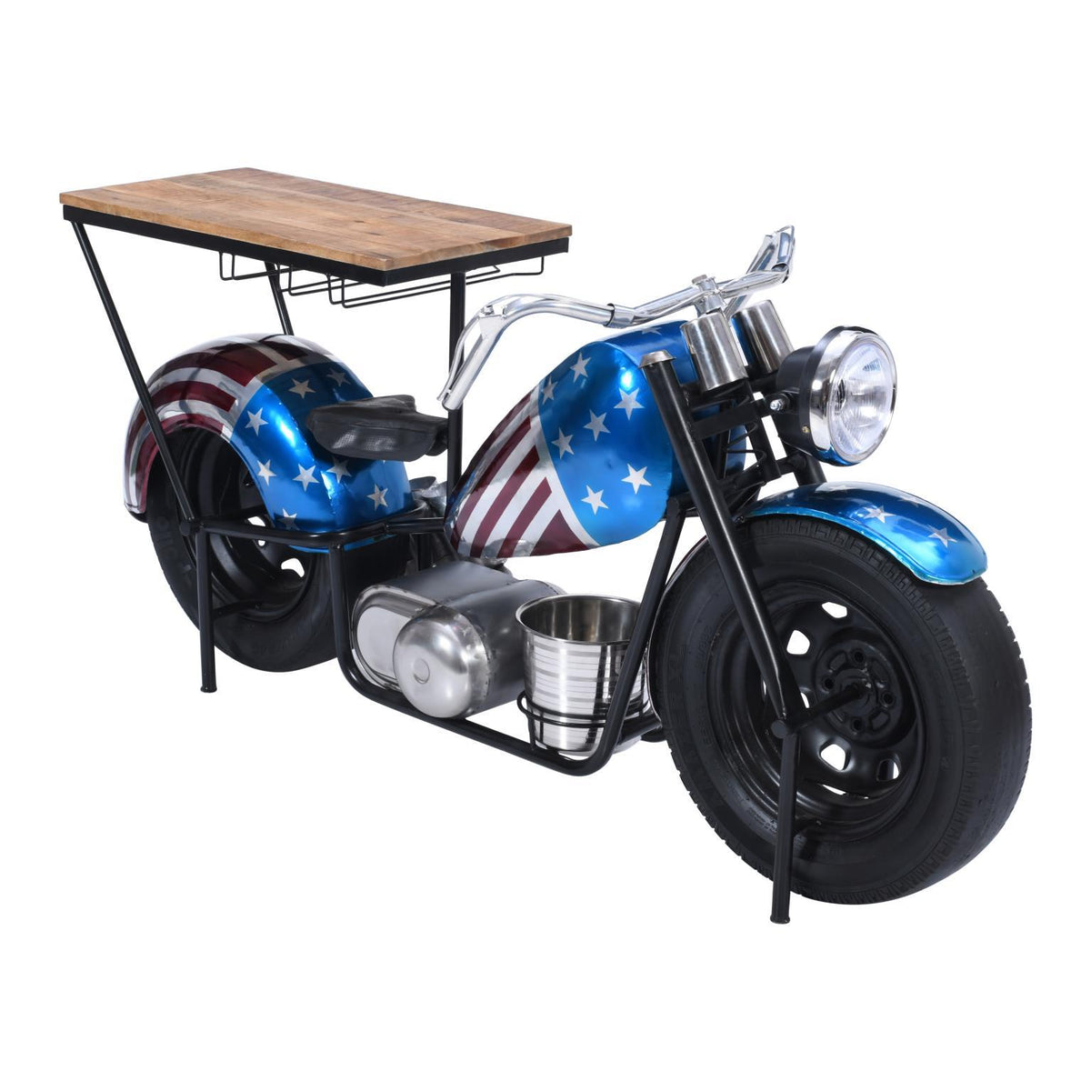 A motorcycle-themed bar table with an American flag design and a wooden tabletop.