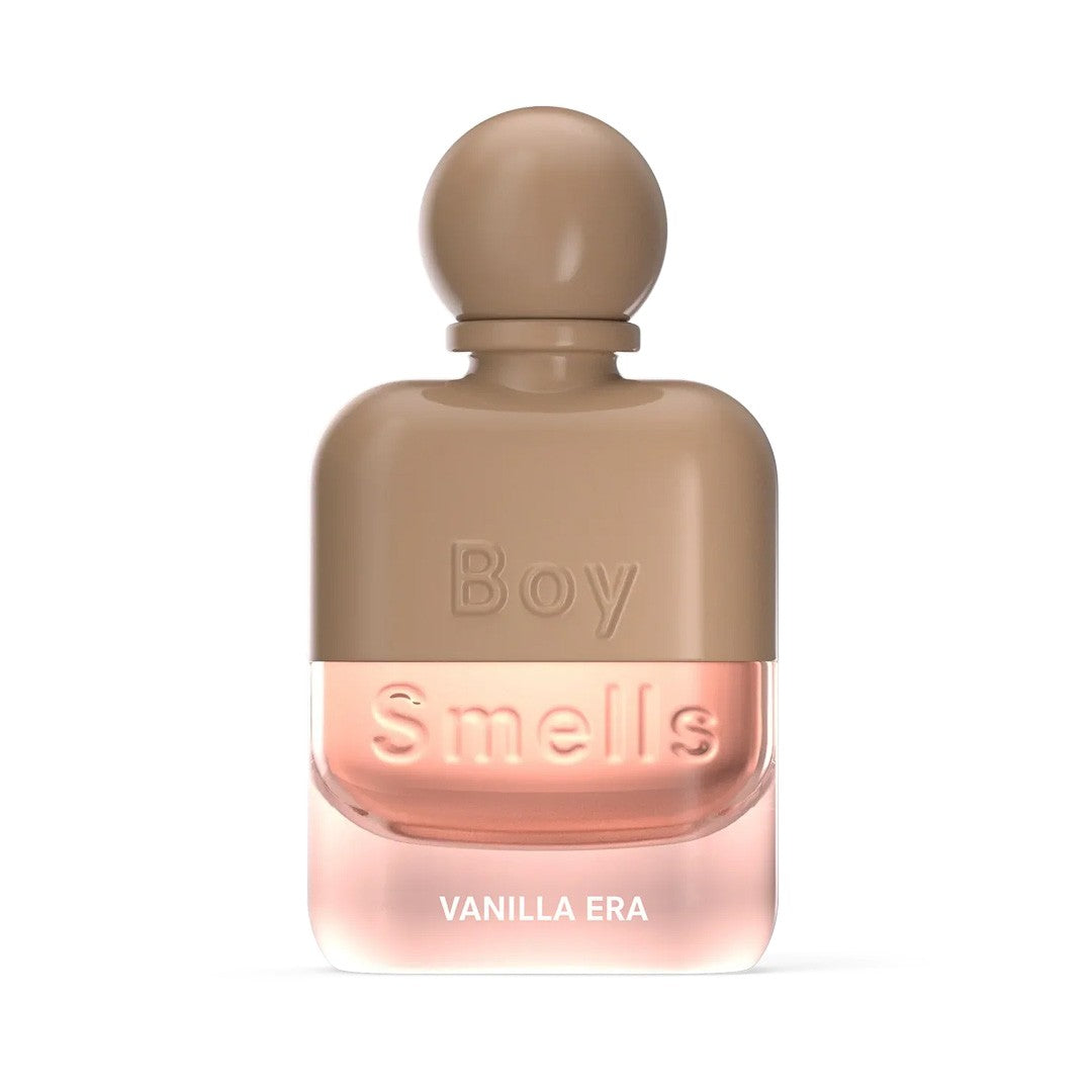 Brown perfume bottle labeled "Boy Smells" and "Vanilla Era."